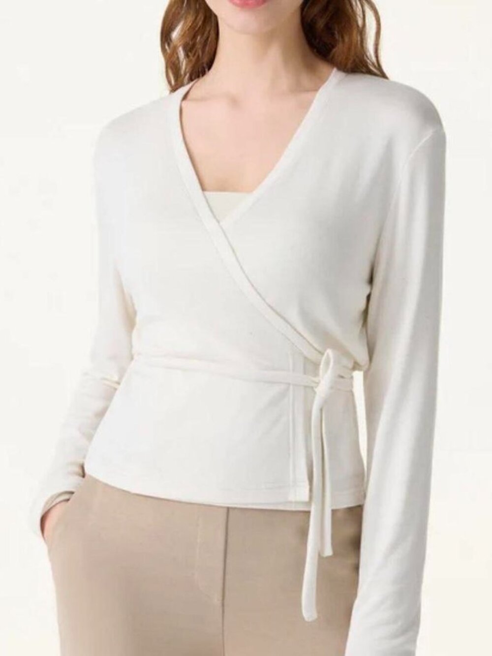 OGL Modal Linen Blend Wrap Top Long Sleeve - Ivory